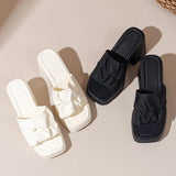 Large-Size Square Head High-Heeled Slippers Women Thick Bottom Waterproof Table Folds Coarse And Cold
