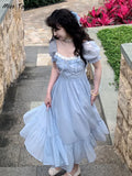 Blue Elegant Fairy Dress Women Bow Bandage Party Midi Dresses Casual Korean Fashion Lace Chic Lolita Dress Female