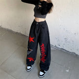 Vintage Stars Print Ripped Straight Wide Leg JeansOutfit