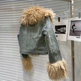 Denim Faux Fur Plush Sleeve Collar Jacket- Outfit