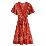 Queens Women Hippie Floral Print Deep V-neck Sashes Bohemian Mini Dress Ladies Short Sleeve Rayon Boho Dresses