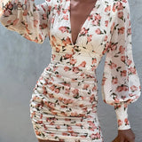 Autumn Fashion Sexy V Neck Leopard Mini Dress For Women Casual Office Lady Elegant Floral Bodycon Dresses Birthday