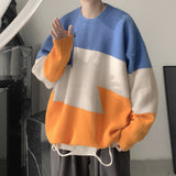 Style Men's Sweater Color Block Patchwork O-Neck Pullovers Loose Oversized Mens Sweater Harajuku Retro Men's