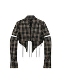New Women Fashion Vintage Plaid Shirt Hollow Out Long Sleeve Zippers Streetwear Tide Crop Top Gothic Female Blouses