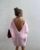 Deep Back V-neck Fuzzy Sweater-Outfit