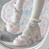 Lace Round Head Bow Lolita High-Heeled Lolita Shoes 2025 New Soft Sister Cute Little Leather