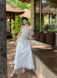 Zingj Square Collar Sling Top Women's High Waist Show Slim Long Skirt Stitching Lace Suit