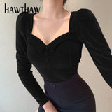 Women Fashion Autumn Winter Long Sleeve Square Neck Velvet Female Soild Color Tops T Shirt 2021 Fall Clothes
