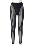 Bright Line Decoration Leggings Mesh See Through High Waist Pants Women Fashion Streetwear Casual Sport Y2K