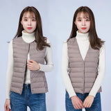 Down Vest Female 2024 New Winter Light Liner Short White Duck Velvet Vest Round Neck V Collar Two Wear-Outfit