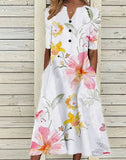 V Neck Short Sleeve Button Party Dress Women Vintage Printed Dress Casual Loose Flower Ladies Dresses Vestidos