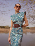 Printed Flying Sleeve Midi Dress For Women Vintage Single Breasted O Neck Slim Dresses 2024 New Summer Lady Holiday