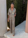 Sequin Straight Pants 2 Piece Set For Women Fashion Lapel Long Sleeves Buttons Shirts Suit 2024 Summer Lady Commute