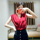 Spring Women Deep V-Neck Shirt Pure Color Tops Female Rayon Sleeveless Elegant Office Lady