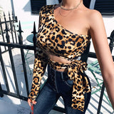 One Shoulder Cropped Tops Hollow out Leopard Print Lace up T-shirts for Women Slim Fashion Autumn Winter