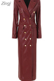 Spring Autumn Extra Long Black Faux Leather Trench Coat for Women Double Breasted Luxury Elegant British Fashion