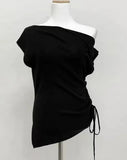 Zingj Chic Summer French Small Sexy Diagonal Collar Open Shoulder Side Draw Rope Tie Versatile Irregular Knit