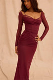 Burgundy Sheer Long Sleeve Bodycon Maxi Dress- Outfit