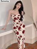 Elegant Vintage Midi Spaghetti Strap Rose Dress For Women Maxi Fashion One Piece Bodycon Beach Party Robe