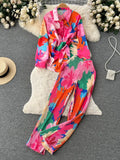 Female Fashion Print Two Pieces Suits Bow Bandage Long Sleeve Tops+Casual Wide Leg Pants Streetwear Autumn Retro