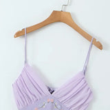 Purple Back Tie-Up Floral Embroidery Mini Dress-Outfit