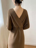 French Casual V-Neck Solid Sweater Knitting Long Sleeve Dress Women Backless Knit Dress Korean Clothing Robe Autumn