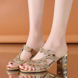 Zingj 2023 Summer Korean Rhinestone Slippers Women Wear Thick Heel With One-Flops Large Size Sandals- Outfit