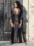 Summer Women Tunic Beach Wear Sexy Plunging Neck V Back Side Split Black Indie Folk Embroidery Kaftan Dress Vestidos