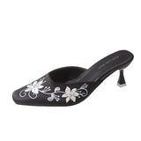 Spring And Autumn New Fashion Embroidery With Cool Slippers Small Square Head Suede With Temperament Half Drag Women's