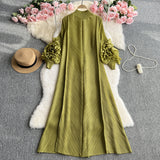 Zingj Sense Of Socialite Temperament Three House Pleated Lantern Long Sleeve Collar Loose A Line Solid Color Dress Elegant
