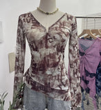 Dizziness Printing Mesh T-Shirt T-Shirt Irregular Lotus Leaf Side Ribbon Short Coat