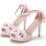 Summer New High Heel Fish Mouth Women's White Flower Sandals One-Word Buckle With Casual Wedding Women's
