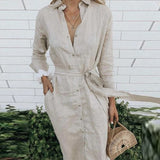 Elegant Lace-up Button Shirt Dress Casual Women Solid Cotton Linen Pocket Dress 2022 Lady Long Sleeve Office Long