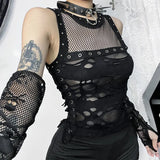 Summer New Sexy Micro-Transparent Hot Girl Blouse Dark Style Personality Trend Hole Fabric Vest