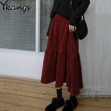 Size Autumn Winter Corduroy Skirt Women Vintage Wine red Midi Long Skirts Female Elastic High Waist A-line Pleated