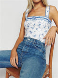 Vintage Floral Print Bow Tank Top for Women Girls Fairy Grunge Y2K 2000s Aesthetic Slim Fit Mini Vest Chic