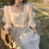 Spring Lace Sweet Elegant Dress Women Evening Party One Piece Dress Korean Kawaii Short Sleeve Dress Female Square
