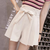 New Korean Chic Lace-Up Bowknot High Waist Shorts Womens Fashion Pleated Wide Leg Shorts Summer Casual Loose