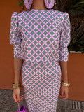 Women Fashion Printed Split Skirt Suits Chic O Neck Cropped Tops High Waist Slim Midi Skirt Spring New Lady Street Office