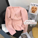 Oblique Button V-Neck Sweater Girls 2024 Spring New Design Super Good-Looking Loose Rope Knitted