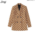 Women Fashion Double Breasted Printed Blazer Coat Vintage Long Sleeve Flap Pockets Female Outerwear Chic Veste