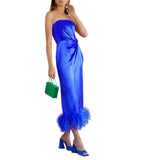 Fashion Elegant Strapless Back Split Feather Patchwork Wedding Party Long Dress Woman Summer Solid Satin Tunics Prom