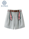 Summer Shorts Women Fashion Belt Casual Girls Korean Wide Leg Pants Students Harajuku Simple Pure Gray Trousers Office
