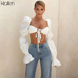 Fashion Sexy Bandage Low Chest Beach T Shirt Women Elegant White Lantern Sleeve French Romantic Slim Wild Female