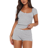 Lace Splicing Home Two-Piece Set Of Body-Repair Collar Knitting Short Suit Women's Multi-Color Leisure