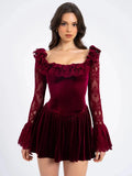 Red Velvet Long Sleeve Flare Mini Dress-Outfit