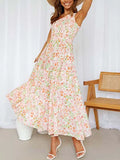 Summer Green Long Dress Women Elegant One Shoulder Dress Ladies Floral Print Maxi Party Pleated Dress For