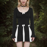 Black Long Sleeve Bow Splice Folds Mini Dress- Outfit
