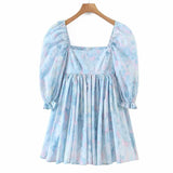 Fashion Women Blue Print Holiday Princess Party Dress Elegant Ladies Puff Sleeve Square Neck Pleat Mini Dress Short