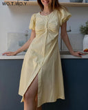 Summer Casual Pleated Split Dresses Women Puff Sleeves Front Button O-Neck Yellow Dress Female Vestido De Mujer